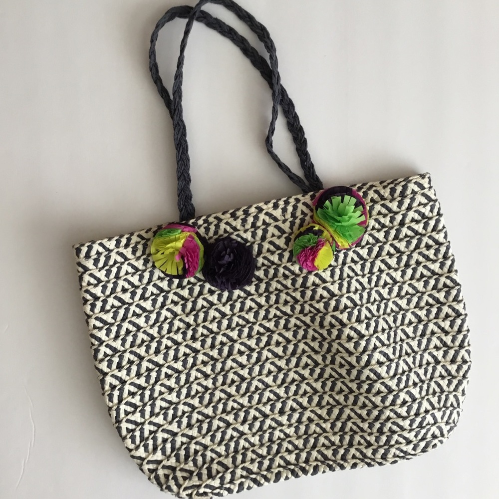 Crewcuts Purse Paper Polyester Weave Gray White Pom Pom